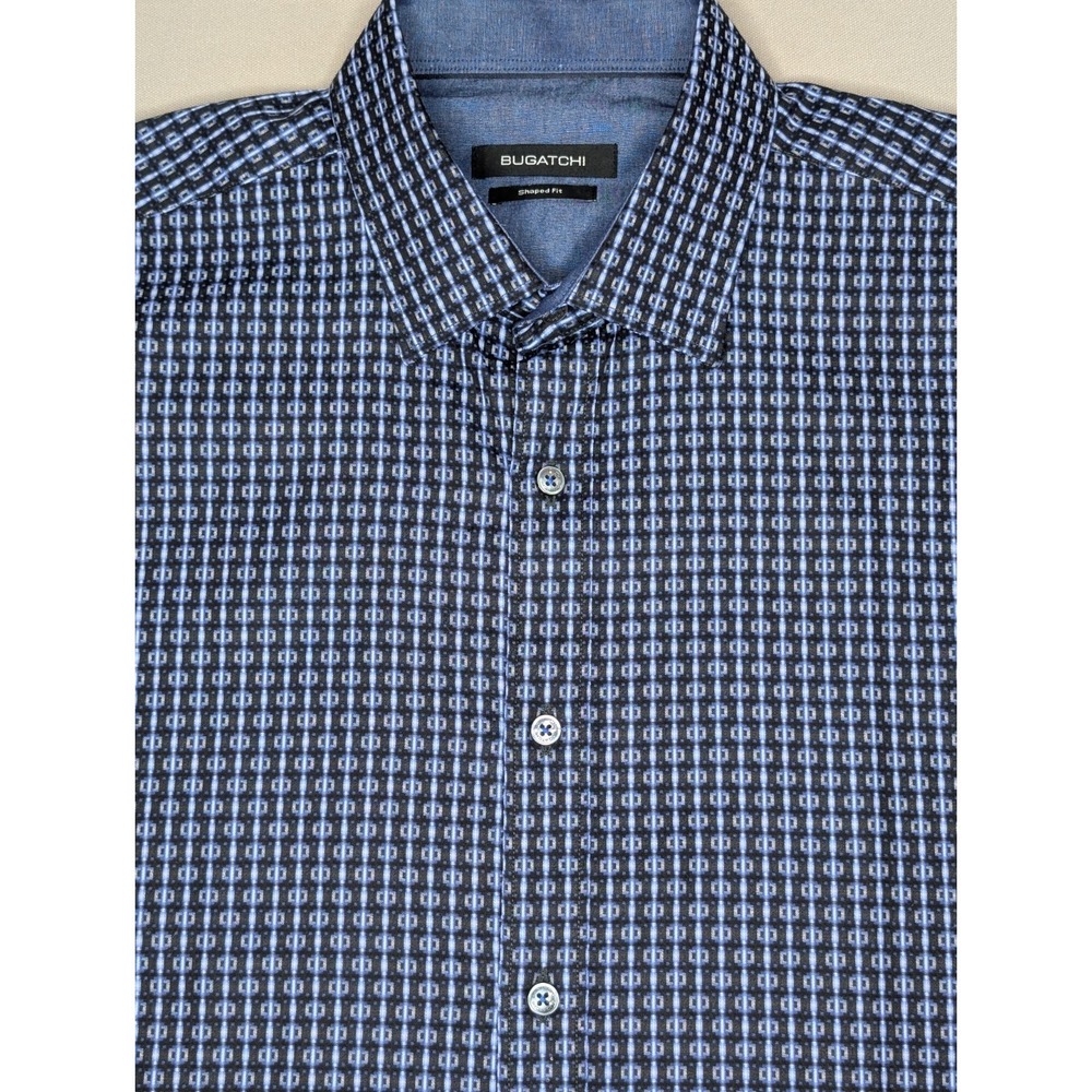 Bugatchi Shirt Men's‎ L Blue Shaped Fit Cotton Button Up Geometric Long Sleeve